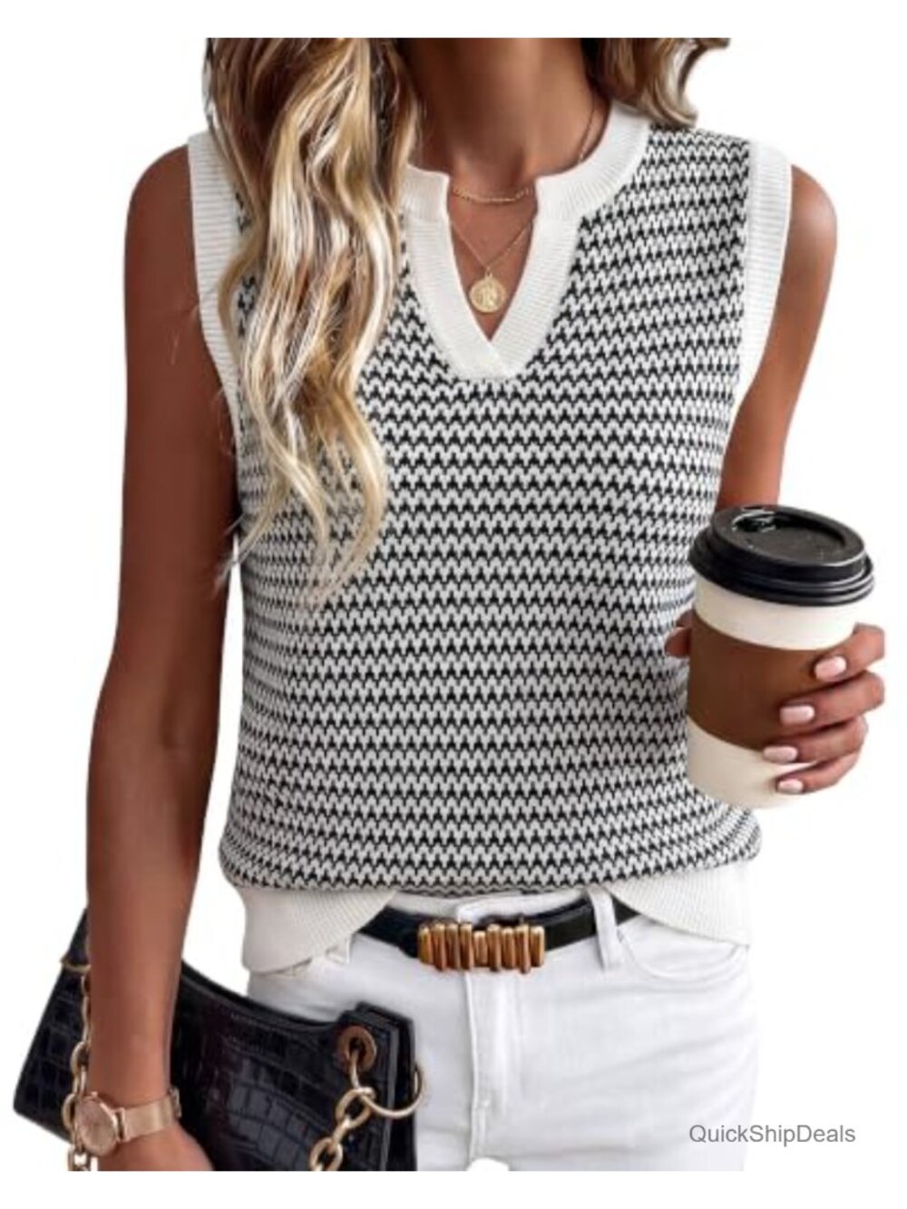 Women's Cotton Striped Sleeveless Sweater Vest Polo V-Neck Ribbed Lightweight